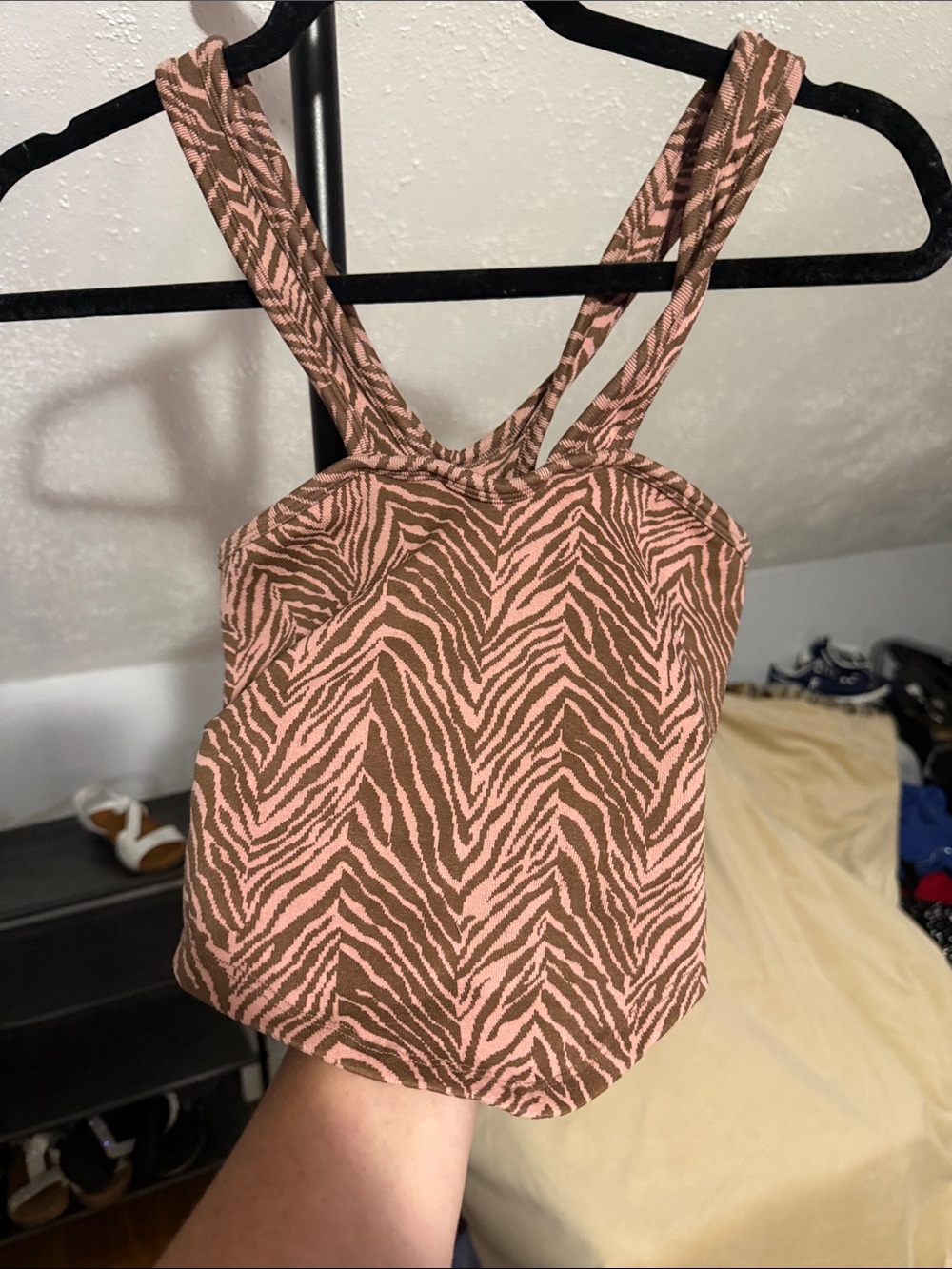 FP Movement by Free People Pink and Brown Zebra-Print Square Neck Camisole